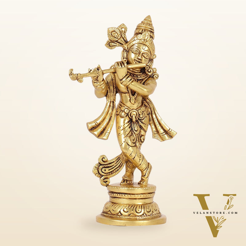 Intricately Crafted Brass Superfine Krishna Idol | 9" Height | Captivating Detail