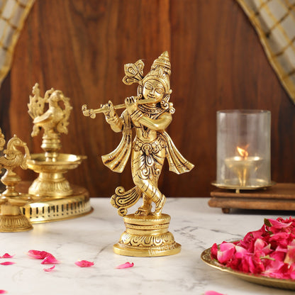 Intricately Crafted Brass Superfine Krishna Idol | 9" Height | Captivating Detail