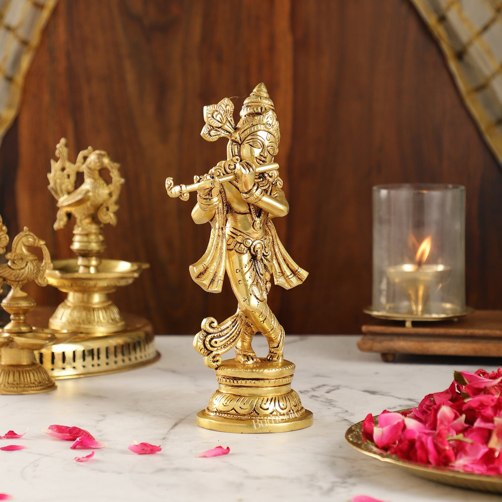 Intricately Crafted Brass Superfine Krishna Idol | 9" Height | Captivating Detail