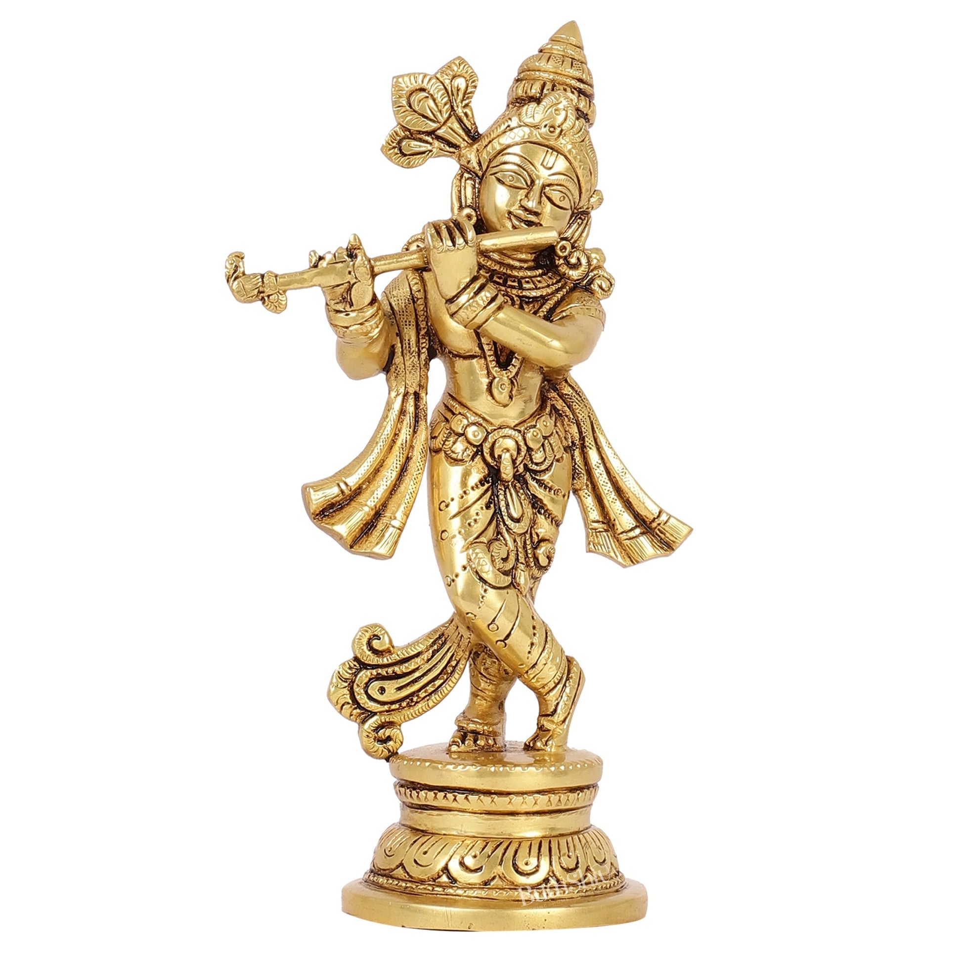 Intricately Crafted Brass Superfine Krishna Idol | 9" Height | Captivating Detail