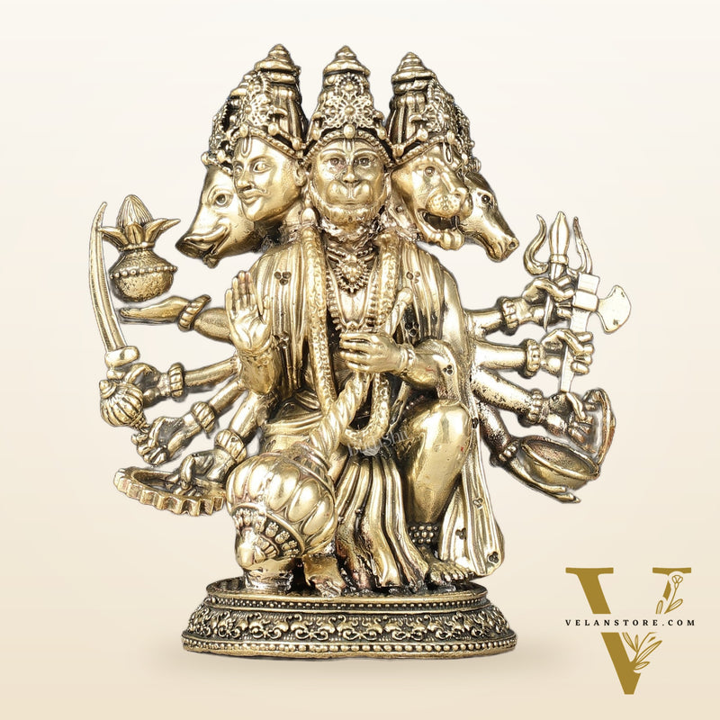 Intricately Handcrafted Brass Powerful Panchmukhi Hanuman Idol - 5.5-inch