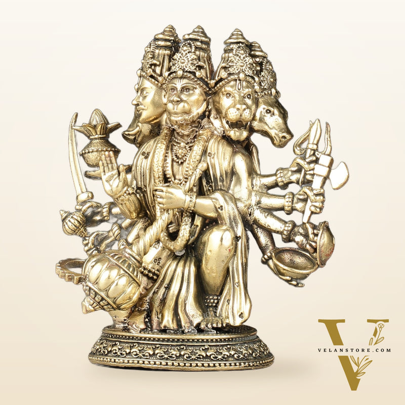 Intricately Handcrafted Brass Powerful Panchmukhi Hanuman Idol - 5.5-inch