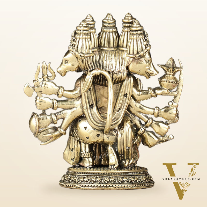 Intricately Handcrafted Brass Powerful Panchmukhi Hanuman Idol - 5.5-inch