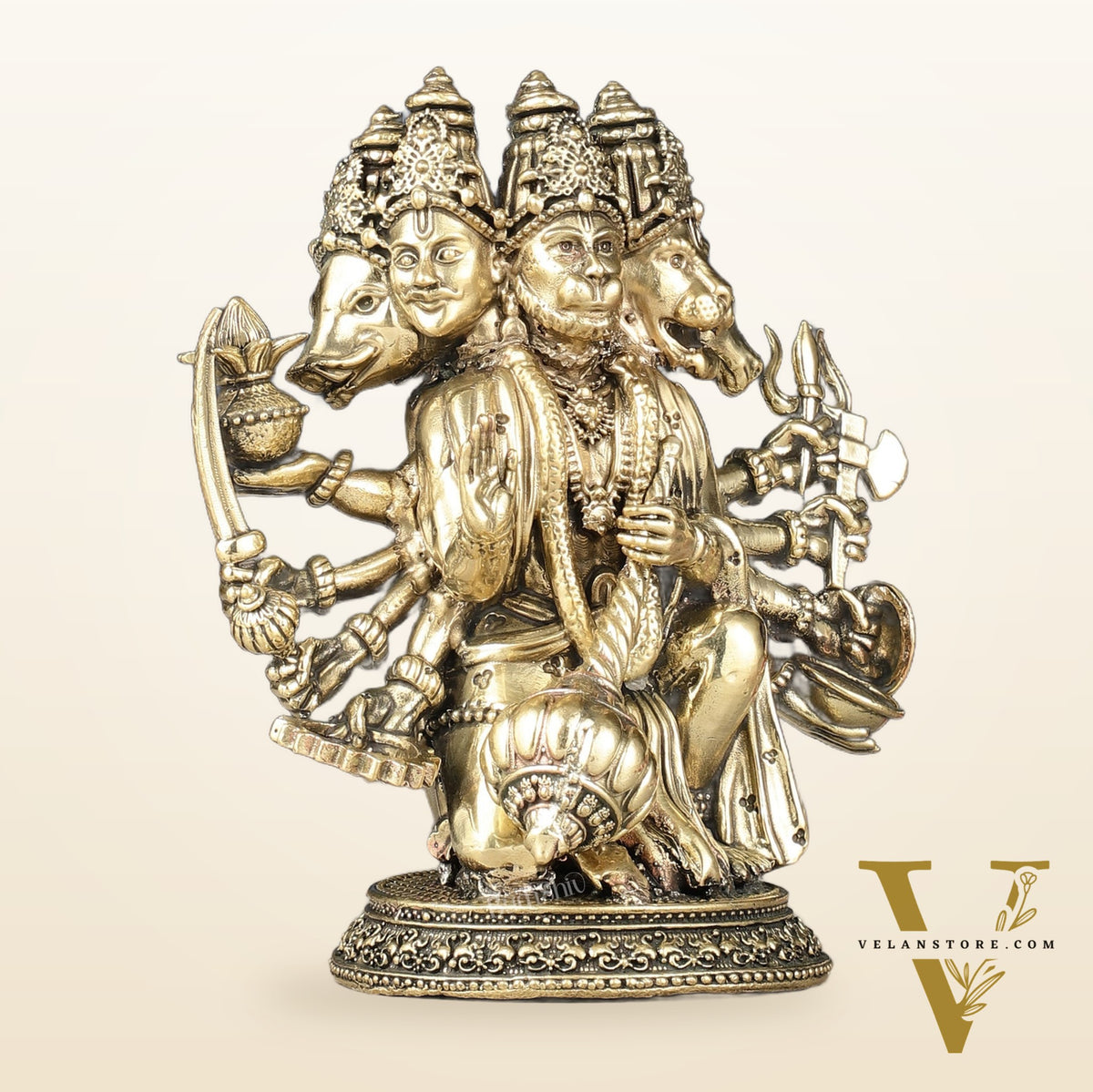 Intricately Handcrafted Brass Powerful Panchmukhi Hanuman Idol - 5.5-inch