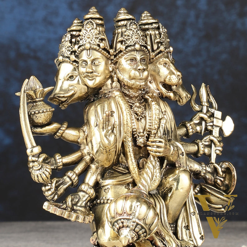 Intricately Handcrafted Brass Powerful Panchmukhi Hanuman Idol - 5.5-inch