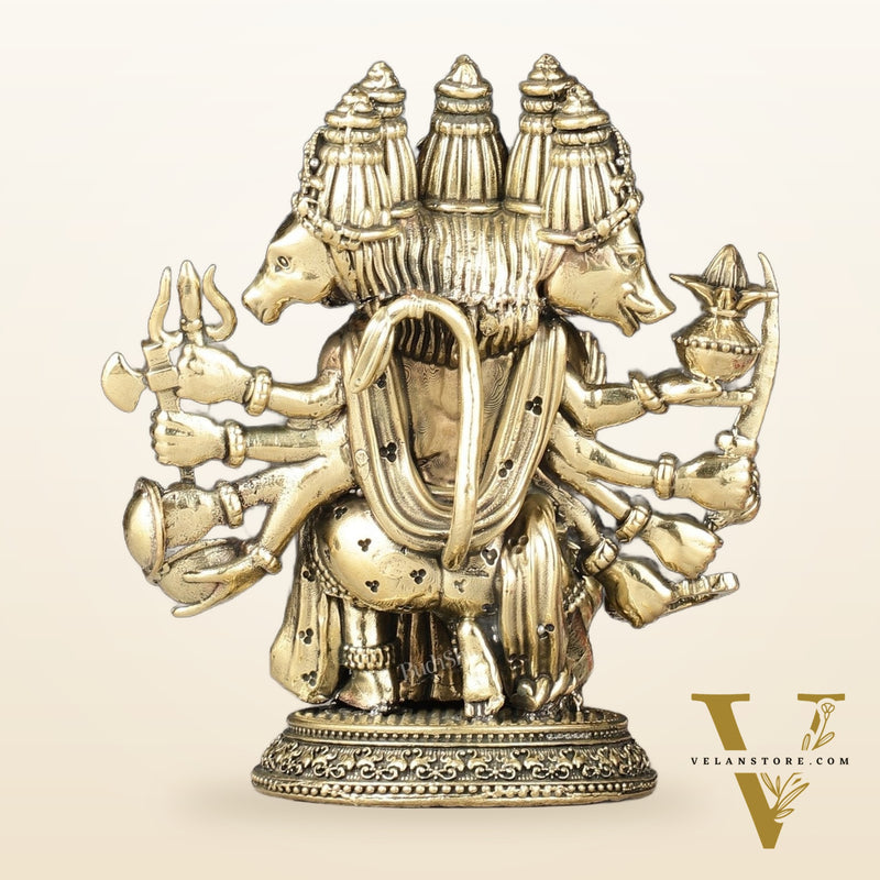 Intricately Handcrafted Brass Powerful Panchmukhi Hanuman Idol - 5.5-inch