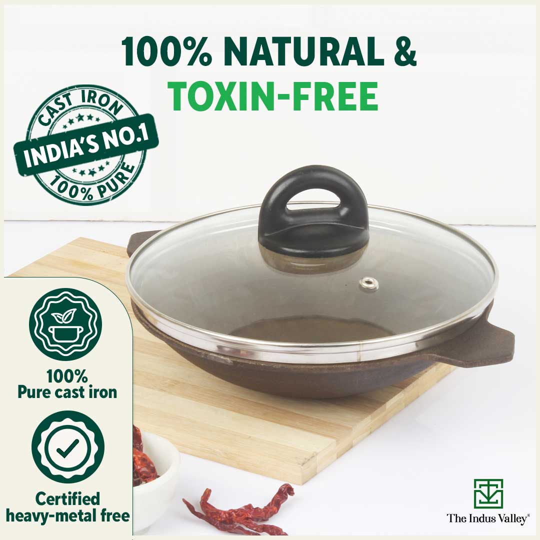 Super Smooth Cast Iron Appam Pan/Appachetty, Glass Lid,Pre-seasoned, Nonstick, 100% Pure, Toxin-free, 22cm, 1.9kg