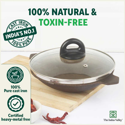 Super Smooth Cast Iron Appam Pan/Appachetty, Glass Lid,Pre-seasoned, Nonstick, 100% Pure, Toxin-free, 22cm, 1.9kg