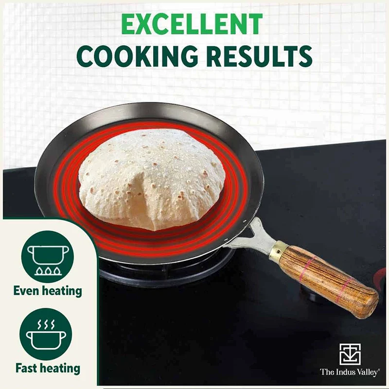 100% Pure Sheet Iron Tawa, Wooden Handle, Seasoned, Toxin-free, Induction, 26cm, 1kg