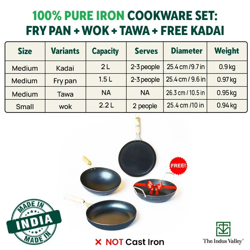 100% Pure Iron Cookware Set: Tawa+ Fry Pan+ Wok, Toxin-free Sheet Iron, Pre-seasoned, Induction & Gas, Kitchen Set for Home, Free ₹799 Kadai