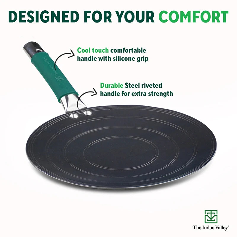 Ironklad 100% Pure Sheet Iron Concave Tawa, Steel Cool Touch Handle & Silicone Grip, Pre-seasoned, Toxin-free, 27 cm, 1 Kg