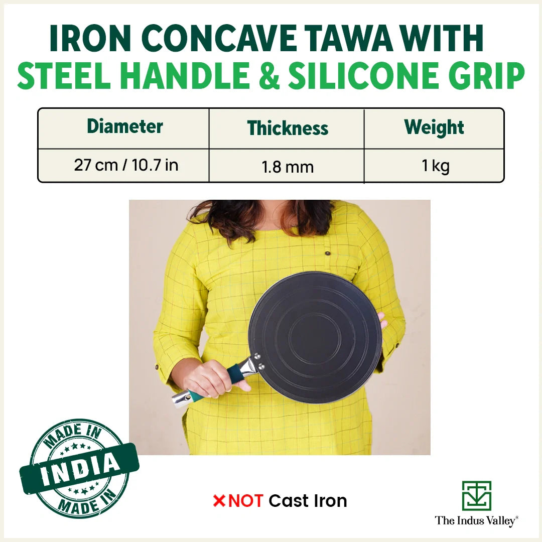 Ironklad 100% Pure Sheet Iron Concave Tawa, Steel Cool Touch Handle & Silicone Grip, Pre-seasoned, Toxin-free, 27 cm, 1 Kg