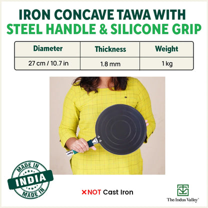 Ironklad 100% Pure Sheet Iron Concave Tawa, Steel Cool Touch Handle & Silicone Grip, Pre-seasoned, Toxin-free, 27 cm, 1 Kg