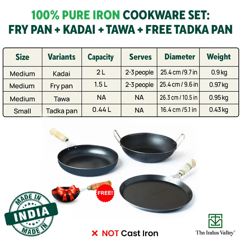 100% Pure Iron Cookware Set: Kadai+ Tawa+ Fry Pan, Toxin-free Sheet Iron, Pre-seasoned, Induction & Gas, Kitchen Set for Home, Free ₹400 Tadka Pan