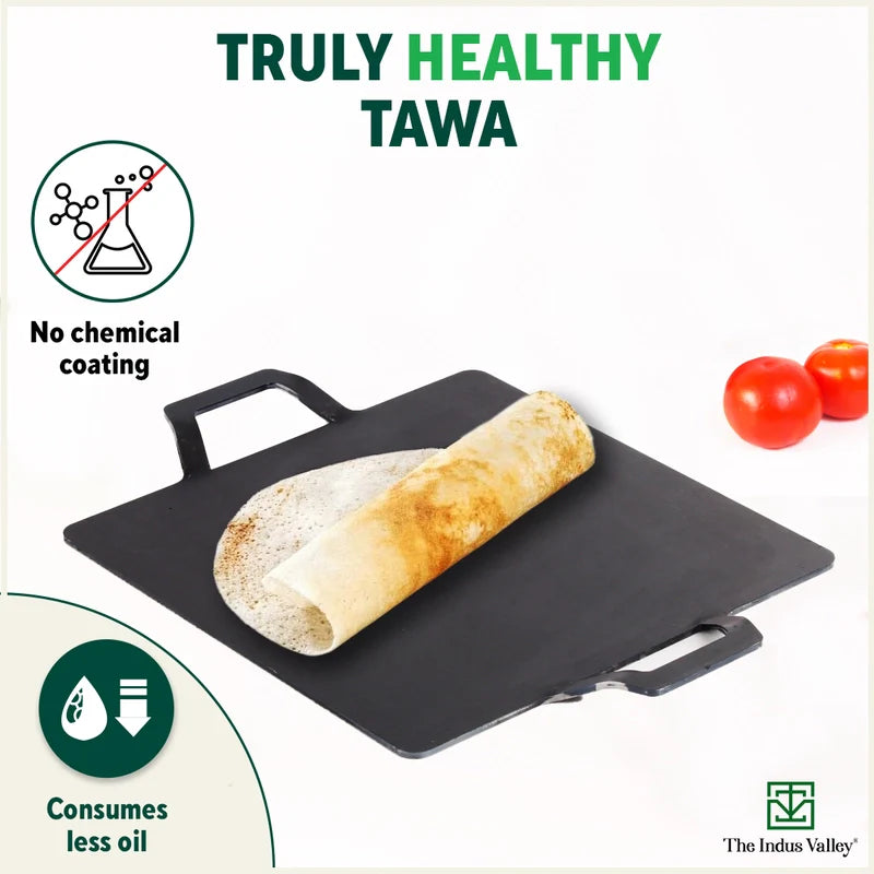 100% Pure Iron Square Tawa with Double Handles, Toxin-free Sheet Iron, Pre-Seasoned, Induction & Gas, 30.5cm