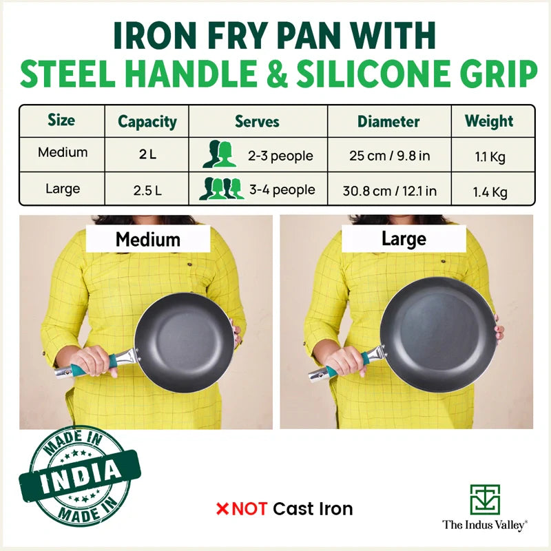 Ironklad 100% Pure Sheet Iron Frying pan, Steel Cool Touch Handle & Silicone Grip, Pre-seasoned, Toxin-free, Induction, 2/2.5 L, 25/30.8 Cm, 1.1/1.4 Kg