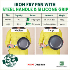 Ironklad 100% Pure Sheet Iron Frying pan, Steel Cool Touch Handle & Silicone Grip, Pre-seasoned, Toxin-free, Induction, 2/2.5 L, 25/30.8 Cm, 1.1/1.4 Kg
