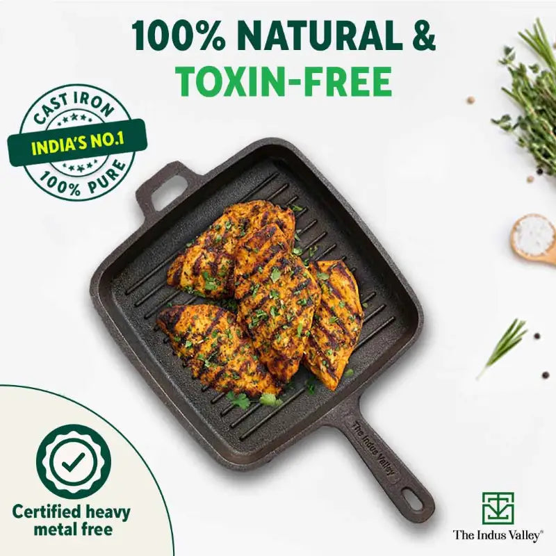 CASTrong Cast Iron Grill Pan, Pre-seasoned, 100% Pure, Toxin-free, Induction, 25.5cm, 3.4kg