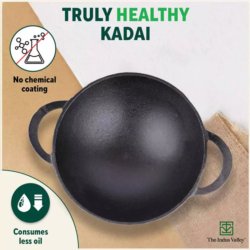 CASTrong Cast Iron Kadai, Pre-seasoned, Nonstick, 100% Pure, Toxin-free, 20.3cm, 1.4L, 1.5kg