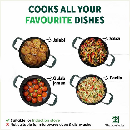 100% Pure Sheet Iron Kadai/ Jalebi/ Paella Pan, Silicone Cool Handles, Seasoned, Toxin-free, Induction, 25.4cm, 1.4L