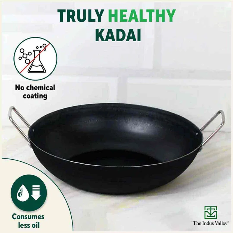 100% Pure Sheet Iron Kadai, Seasoned, Toxin-free, 1.4/2.7/4.4L, 0.6/0.9/1.4kg