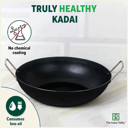 100% Pure Sheet Iron Kadai, Seasoned, Toxin-free, 1.4/2.7/4.4L, 0.6/0.9/1.4kg