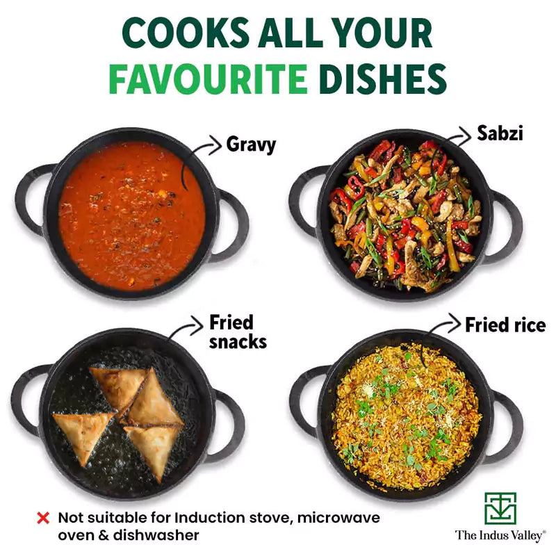 CASTrong Cast Iron Kadai, Pre-seasoned, Nonstick, 100% Pure, Toxin-free, Free ₹110 Spatula, 25.2cm, 2.2L, 2.37kg