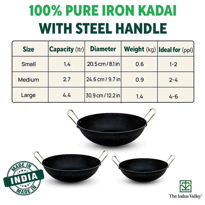 100% Pure Sheet Iron Kadai, Seasoned, Toxin-free, 1.4/2.7/4.4L, 0.6/0.9/1.4kg