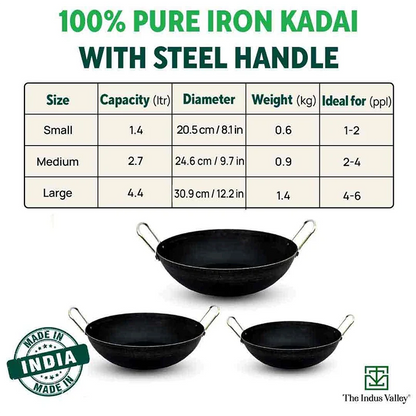 100% Pure Sheet Iron Kadai, Seasoned, Toxin-free, 1.4/2.7/4.4L, 0.6/0.9/1.4kg
