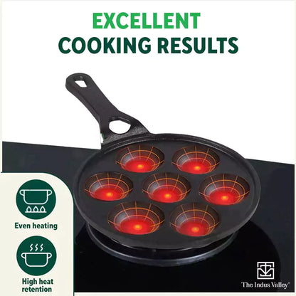 7 Pit/Cup CASTrong Cast Iron Paniyaram/Appe pan+ Free Spatula, Round, Long handle, Pre-seasoned, Nonstick, 100% Pure, Toxin-free, 21.5cm, 1.7kg