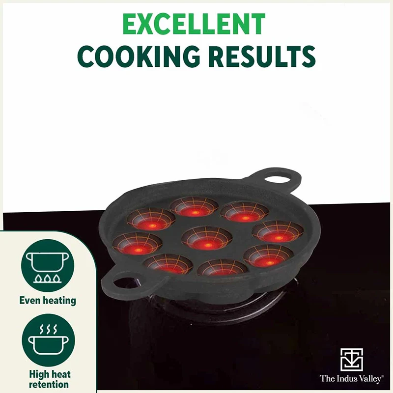 Super Smooth 9 Pit/Cup Cast Iron Paniyaram/Appe Pan+ Free Spatula, Pre-seasoned, Natural Nonstick, 100% Pure, Toxin-free, 20.7 cm, 2.8kg