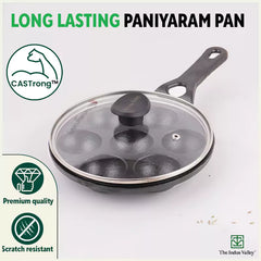 7 Pit/Cup CASTrong Cast Iron Paniyaram/Appe Pan+ Glass Lid, Pre-seasoned, Nonstick, 100% Pure, Toxin-free, 21 cm, 1.9 kg
