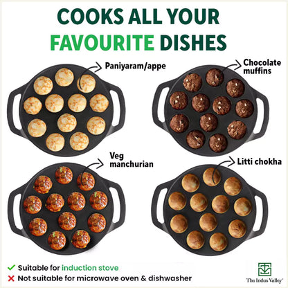 12 Pit/Cup CASTrong Cast Iron Kuzhi Paniyaram/Paddu Pan/Appe Maker, Pre-seasoned, 100% Pure, Toxin-free, Free Spatula, 21 cm, 2.2 kg