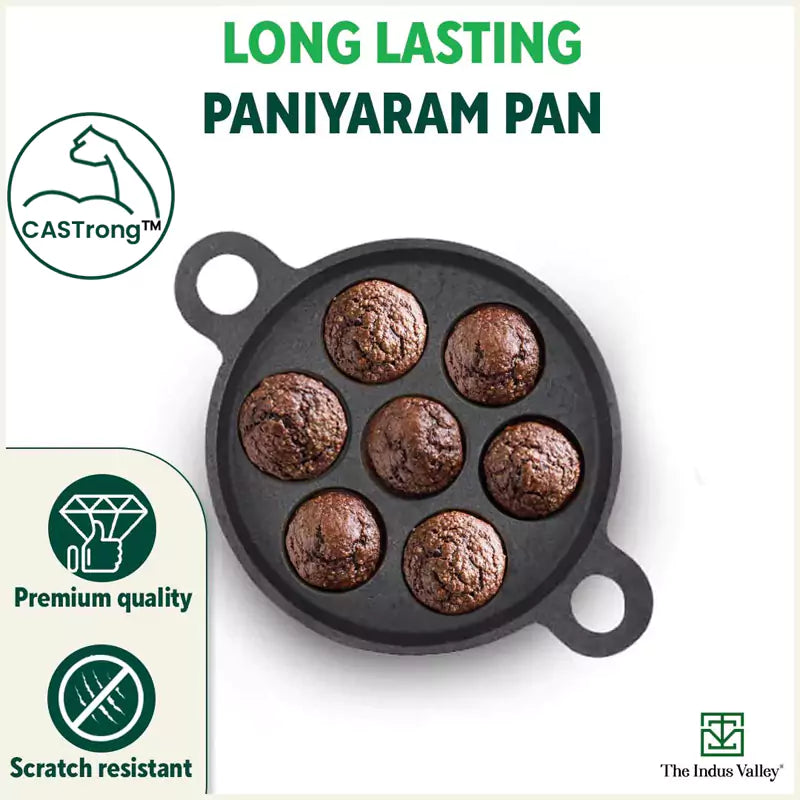 Super Smooth 7 Pit/Cup Cast Iron Paniyaram/Appe Pan+ Free Spatula, Pre-seasoned, Natural Nonstick, 100% Pure, Toxin-free, 18.9cm, 2.26 kg