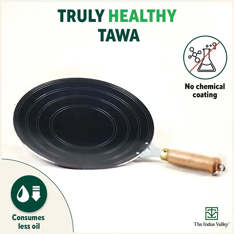 100% Pure Sheet Iron Tawa, Concave, Toxin-free, Seasoned, Wooden Handle, 25.5cm, 0.9kg