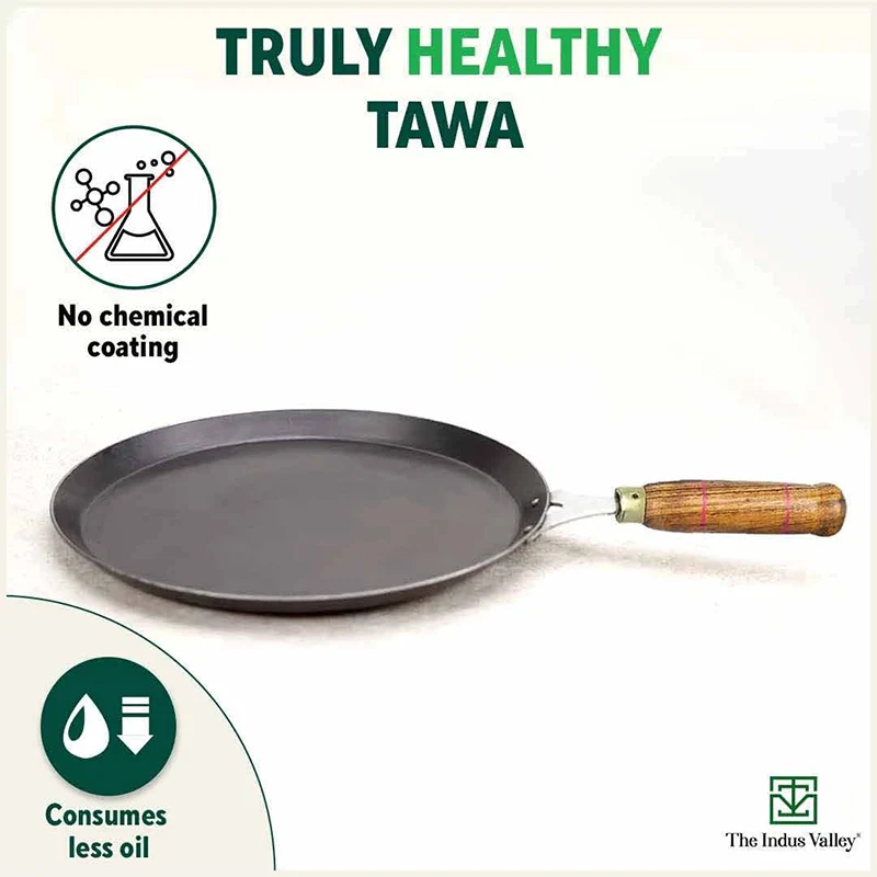 100% Pure Sheet Iron Tawa, Wooden Handle, Seasoned, Toxin-free, Induction, 26cm, 1kg