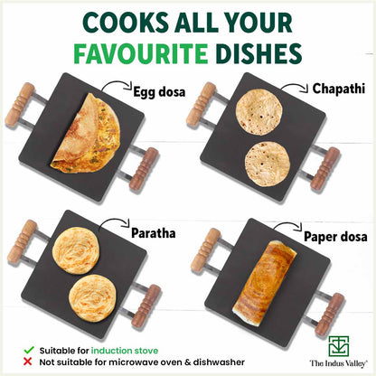 100% Pure Iron Square Tawa with Double Wooden Handles, Pre-Seasoned, Toxin-free, Induction, 30.5cm