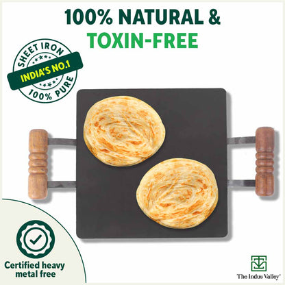 100% Pure Iron Square Tawa with Double Wooden Handles, Pre-Seasoned, Toxin-free, Induction, 30.5cm