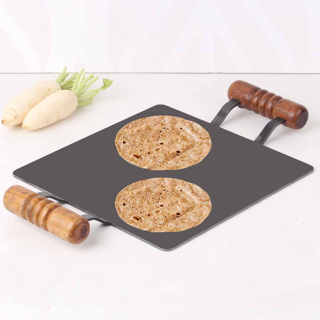 100% Pure Iron Square Tawa with Double Wooden Handles, Pre-Seasoned, Toxin-free, Induction, 30.5cm