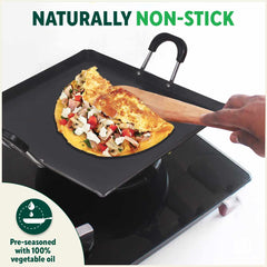100% Pure Sheet Iron Tawa, Square, Cool Bakelite Handle, Seasoned, Toxin-free, Induction, 29.5cm, 1.88kg