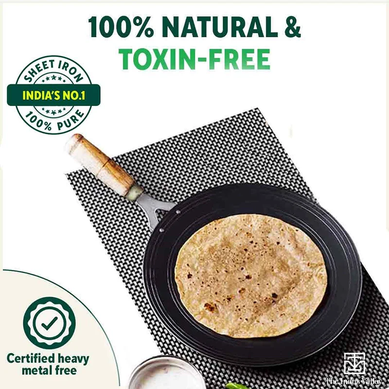 100% Pure Sheet Iron Tawa, Concave, Toxin-free, Seasoned, Wooden Handle, 25.5cm, 0.9kg