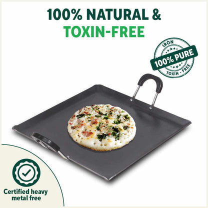 100% Pure Sheet Iron Tawa, Square, Cool Bakelite Handle, Seasoned, Toxin-free, Induction, 29.5cm, 1.88kg