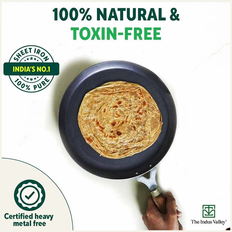 100% Pure Sheet Iron Tawa, Wooden Handle, Seasoned, Toxin-free, Induction, 26cm, 1kg