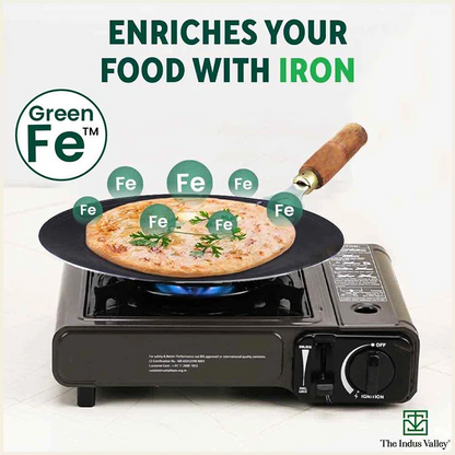 100% Pure Sheet Iron Tawa, Concave, Toxin-free, Seasoned, Wooden Handle, 25.5cm, 0.9kg