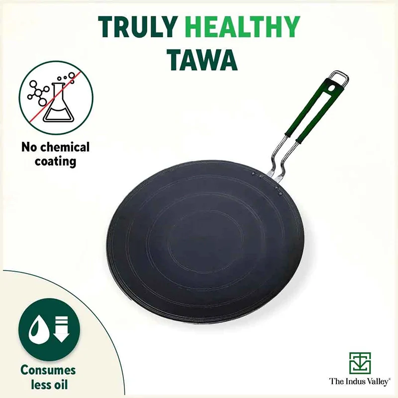 100% Pure Sheet Iron Tawa, Concave, Toxin-free, Seasoned, Silicone Handle,25.5cm/30.5cm