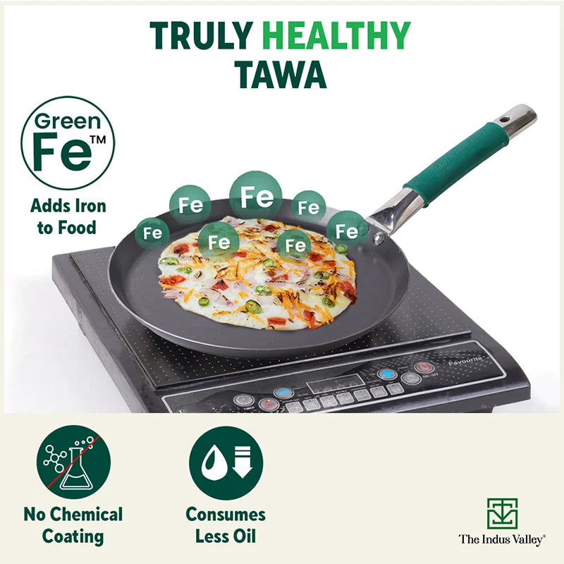 Ironklad 100% Pure Sheet Iron Tawa, Steel Cool Touch Handle & Silicone Grip, Pre-seasoned, Toxin-free, Induction, 26 cm, 1 Kg