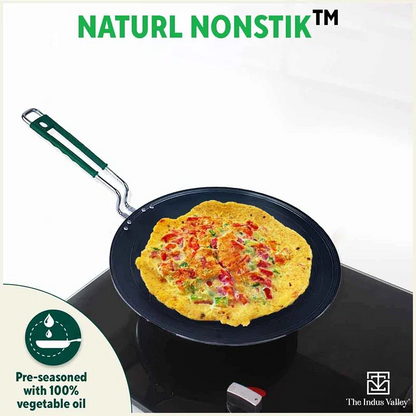 100% Pure Sheet Iron Tawa, Concave, Toxin-free, Seasoned, Silicone Handle,25.5cm/30.5cm