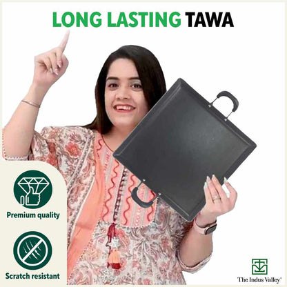 100% Pure Sheet Iron Tawa, Square, Cool Bakelite Handle, Seasoned, Toxin-free, Induction, 29.5cm, 1.88kg