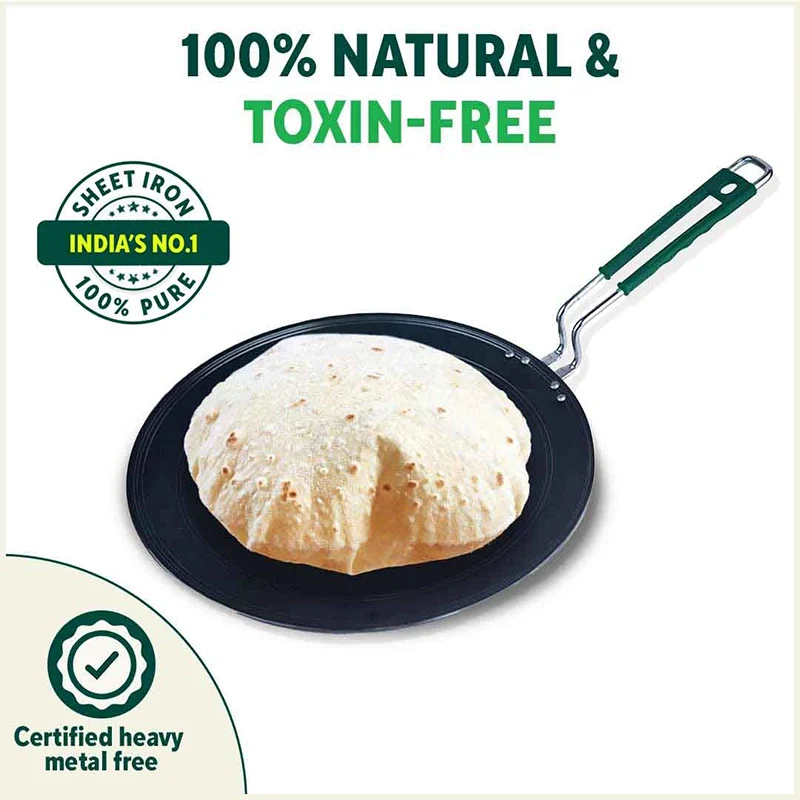 100% Pure Sheet Iron Tawa, Concave, Toxin-free, Seasoned, Silicone Handle,25.5cm/30.5cm