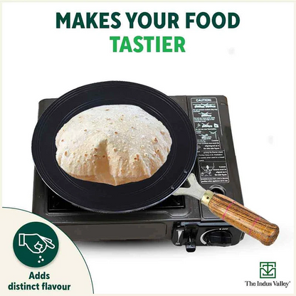 100% Pure Sheet Iron Tawa, Concave, Toxin-free, Seasoned, Wooden Handle, 25.5cm, 0.9kg